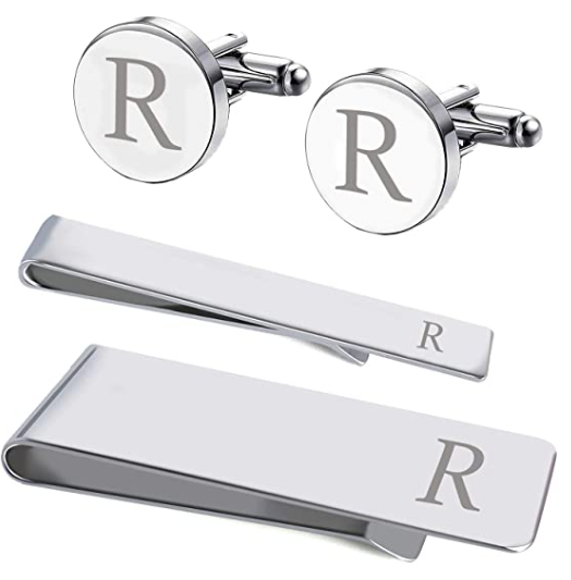 monogrammed cufflinks and tie clip